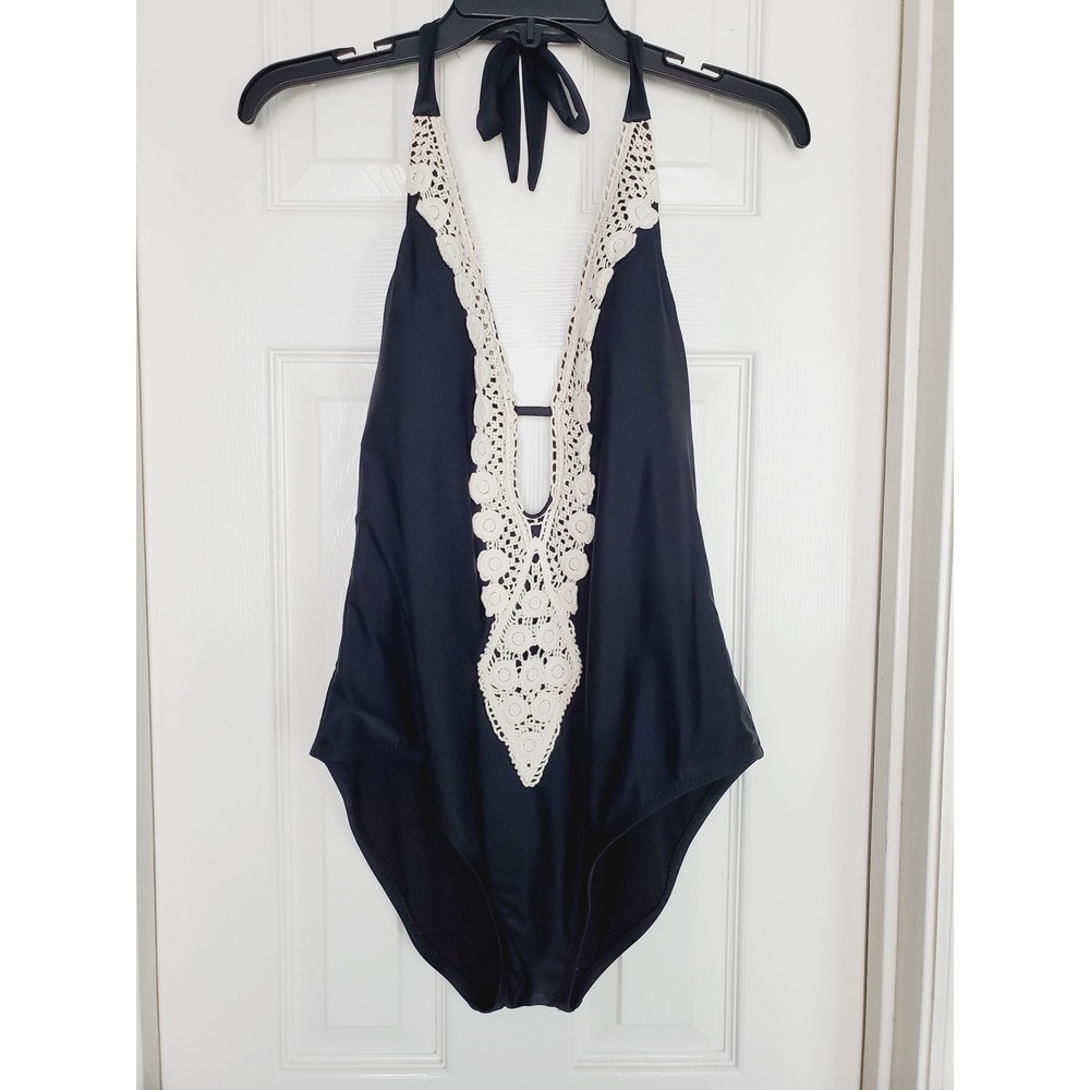 Kona Sol Swimsuit Black Crochet Lace Trim Halter One Piece Large